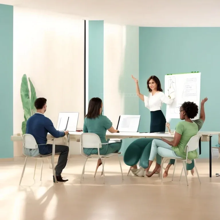 Sessão de treinamento em desenvolvimento pessoal com facilitador e participantes atentos